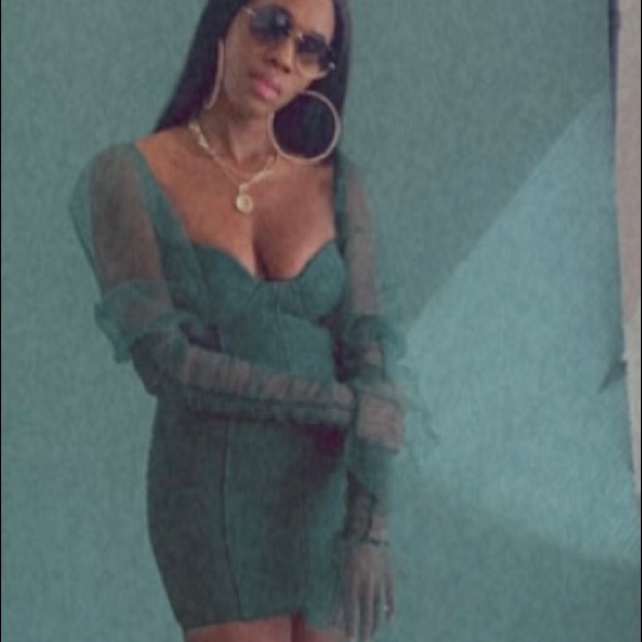 Emerald Mesh-Sleeve Corset Mini Dress | Luxe Holiday / NYE / Party Dress –Size M - Picture 5 of 16